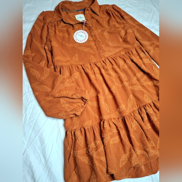 Umgee Rust Boho Babydoll Dress Medium Tiered Flowy Fall Boutique - Picture 2 of 9